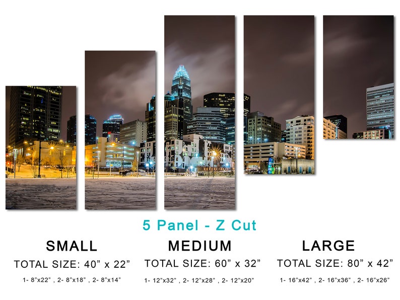 Charlotte NC Skyline Canvas Print Wall Decor City Art Print. Panoramic view during a winter night Giclee Home Office Decor, wall decor 5 Panel Z Cut