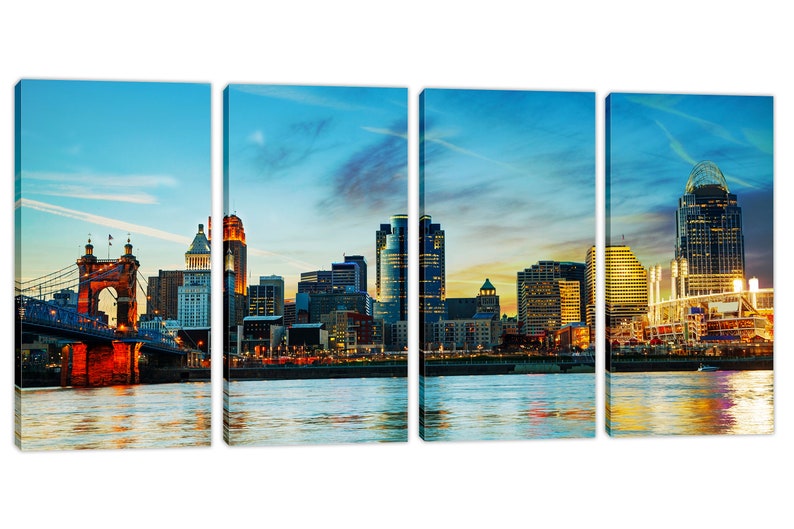 Cincinnati City Skyline Canvas Prints Large Wall Art. Ohio Panoramic Cityscape w blue skies. Giclee home office wall decor, interior design image 4