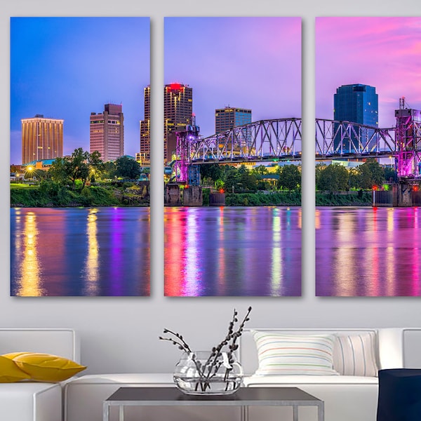 Little Rock, Arkansas Skyline Canvas Print Wall Art purple dusk - USA cityscape art - Giclee home art decor, wall decor, interior design