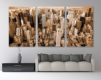 Midtown Manhattan, NYC skyline aerial view Canvas Print - 3 Panel Split New York city sepia photography for wall decor and interior design.