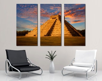 Chichen Itza Canvas Wall Art Print of Kukulkan Pyramid at Sunset, Mexico Travel Landmark Photo