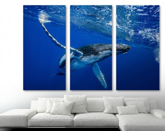 Humpback Whale Canvas Print Wall Art in Blue Ocean waters, Aquatic Mammal art - Giclee home art decor, wall decor, interior design