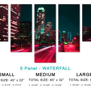Downtown LA, Los Angeles City skyline Canvas Print. 3 Panel Split, Triptych. Pink-red freeway for home or office wall decor, interior design 5 Panel Waterfall