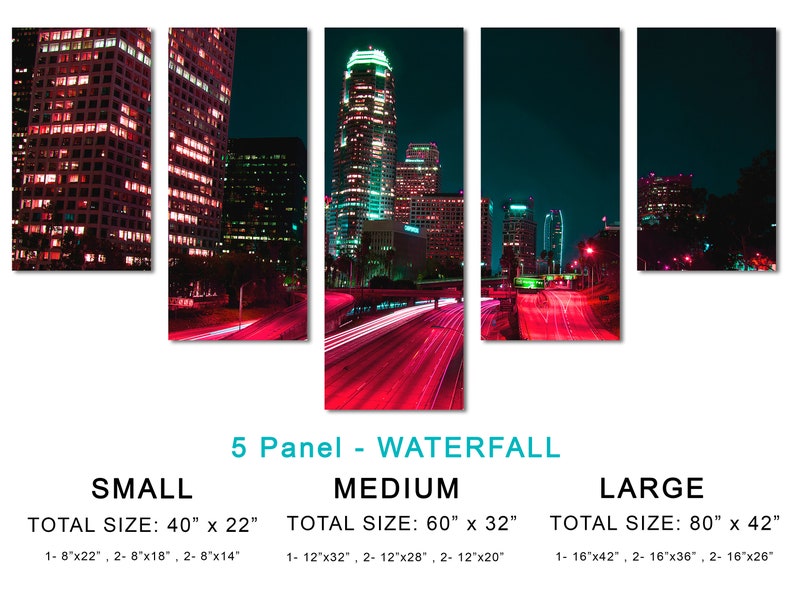 Downtown LA, Los Angeles City skyline Canvas Print. 3 Panel Split, Triptych. Pink-red freeway for home or office wall decor, interior design 5 Panel Waterfall