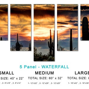 May include: A five-panel canvas print depicting a desert sunset with silhouetted saguaro cacti. The sky transitions from orange to dark blue, with the text "5 Panel - WATERFALL" at the bottom. Available sizes are small, medium, and large.