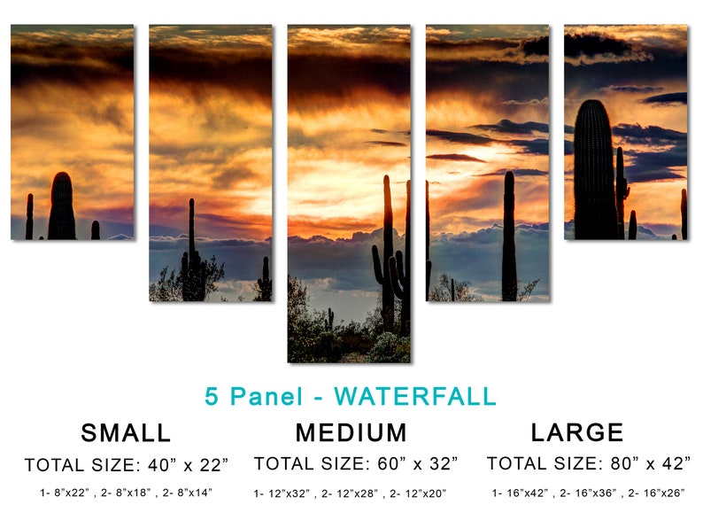 May include: A five-panel canvas print depicting a desert sunset with silhouetted saguaro cacti. The sky transitions from orange to dark blue, with the text "5 Panel - WATERFALL" at the bottom. Available sizes are small, medium, and large.