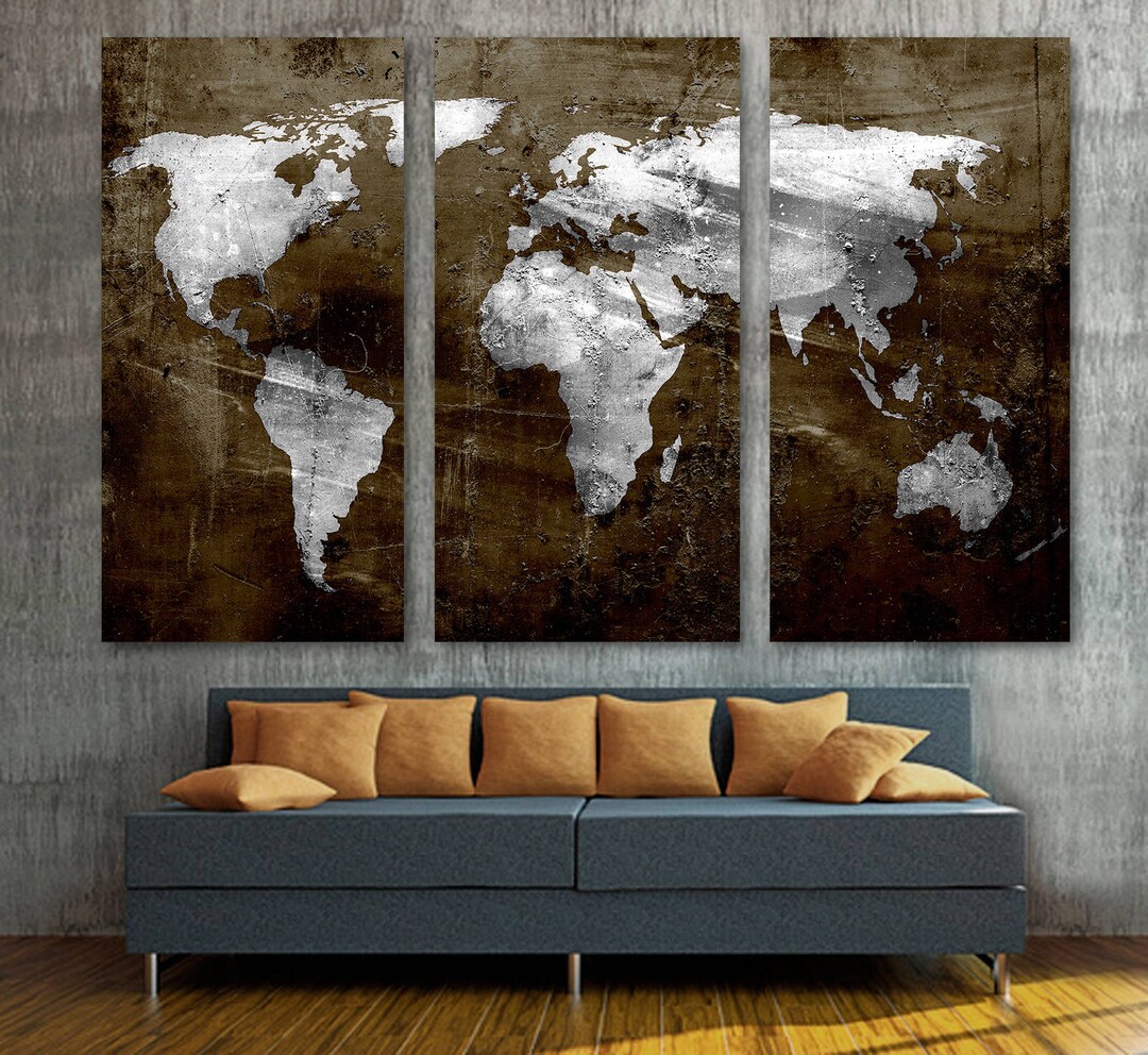 Brown Silver World Map Canvas Print, Distressed Wall Art for Industrial ...