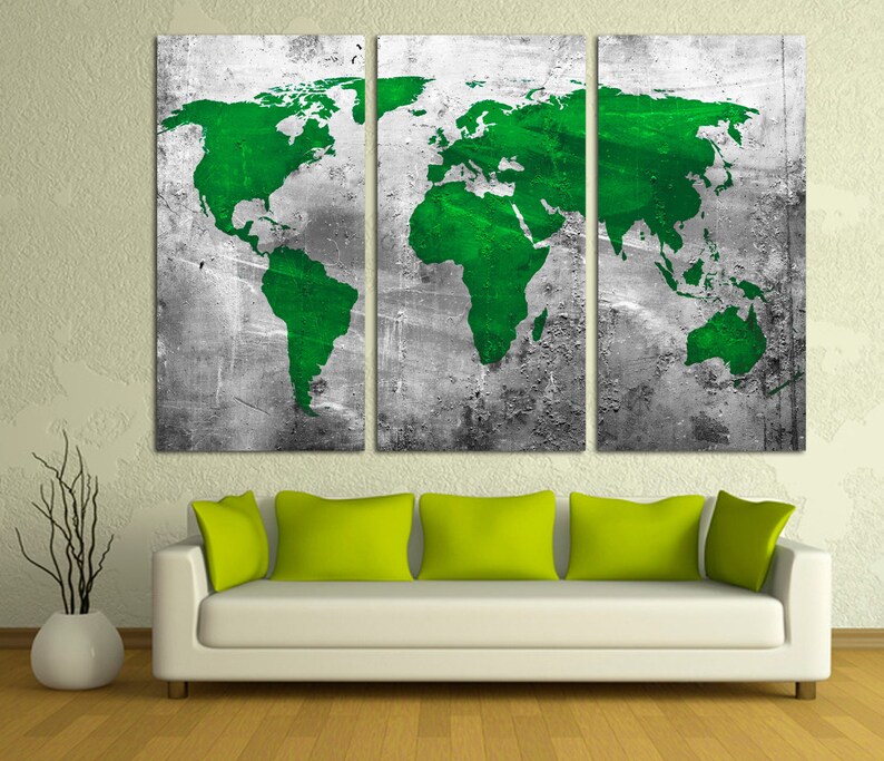 Silver Green Abstract World Map Canvas Print 3 Panel Split | Etsy