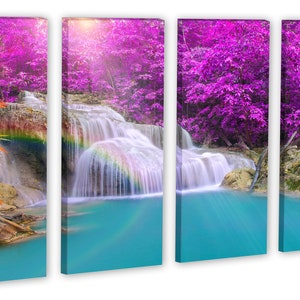 May include: A four-panel canvas print featuring a waterfall cascading through a lush forest. The water is turquoise blue and the trees are a vibrant purple. A rainbow appears in the mist of the waterfall.