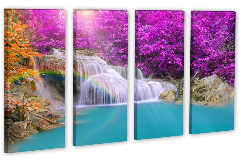 May include: A four-panel canvas print featuring a waterfall cascading through a lush forest. The water is turquoise blue and the trees are a vibrant purple. A rainbow appears in the mist of the waterfall.