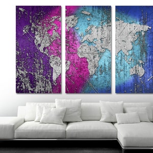Mixed Wave color, Silver World Map Canvas Print Wall art Giclee print for wall decor, living room decor & interior design.