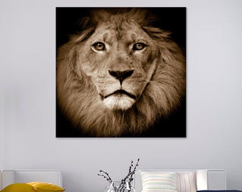 May include: A close-up portrait of a lion's face in sepia tones. The lion has a thick mane and piercing eyes. The background is black.