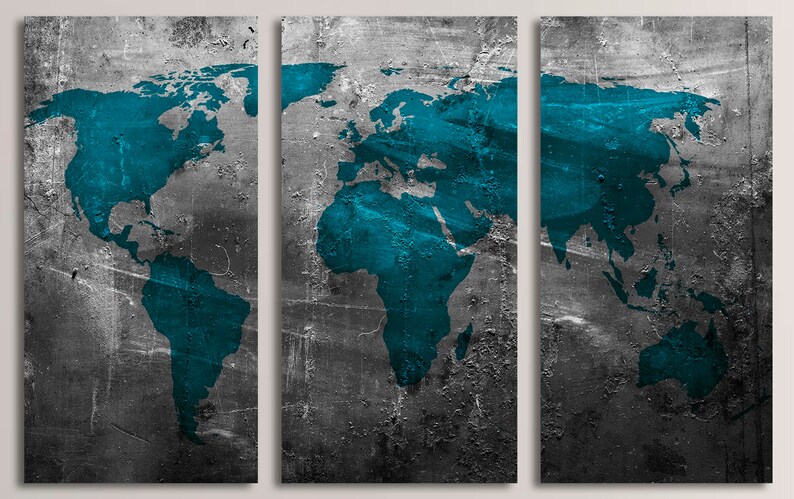Teal World Map Canvas Wall Art on Gray Abstract Industrial Print for ...