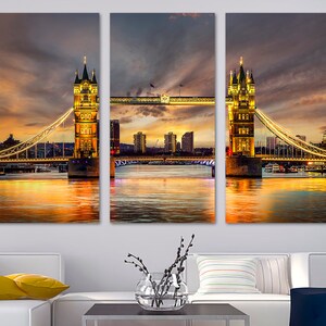 Tower Bridge London Wall Art Canvas Print at dusk. London, UK bridge skyline over Thames river - Giclee bedroom decor wall decor home office