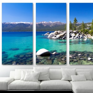 Lake Tahoe Wall Art Landscape Print on Canvas California Art. Scenic Lake Tahoe decor with blue sky - Giclee home wall decor interior design