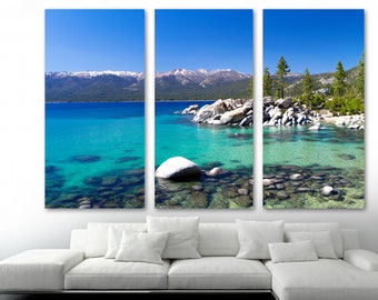 Lake Tahoe Wall Art Landscape Print on Canvas California Art. Scenic Lake Tahoe decor with blue sky - Giclee home wall decor interior design