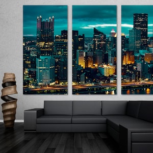 Pittsburgh Skyline Canvas Print Wall Art at in green tone. Pittsburgh City PA wall art decor - Giclee Home decor, Wall decor, Office decor