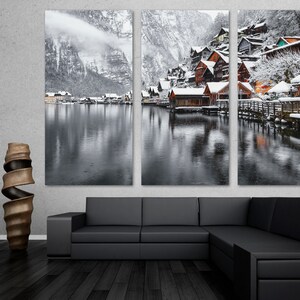 Hallstatt Austria Canvas Print Wall Art B&W colorized. Mountain lake scenic landscape, Alpine town Hellstatt - Giclee home office wall decor
