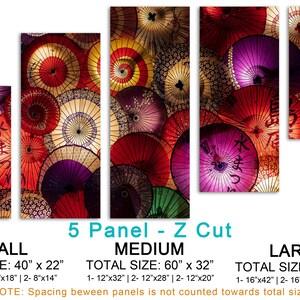 May include: Five-panel canvas print of a colorful display of Japanese umbrellas, or parasols, in red, purple, and gold. The print is available in three sizes: small (40 inches by 22 inches), medium (60 inches by 32 inches), and large (80 inches by 42 inches).