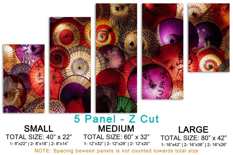 May include: Five-panel canvas print of a colorful display of Japanese umbrellas, or parasols, in red, purple, and gold. The print is available in three sizes: small (40 inches by 22 inches), medium (60 inches by 32 inches), and large (80 inches by 42 inches).