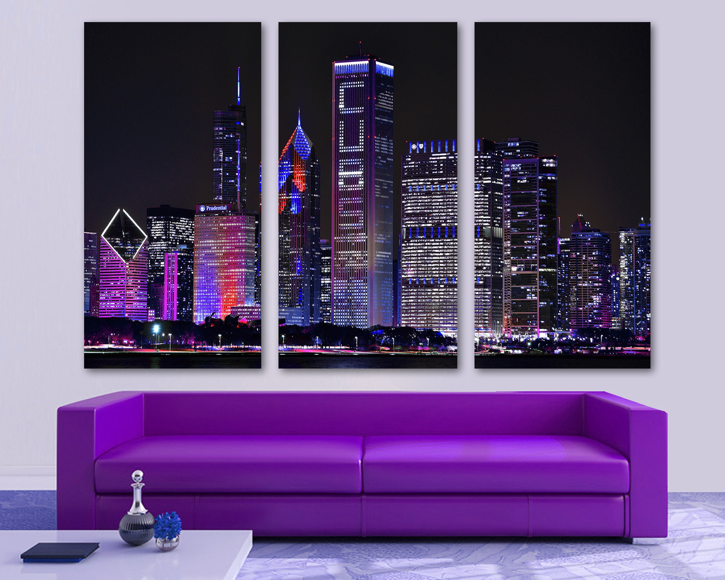Metal wall art 3 Panel split HD aluminum prints wall decor Metal Prints Baseball Cubs Purple Chicago Skyline at night Triptych