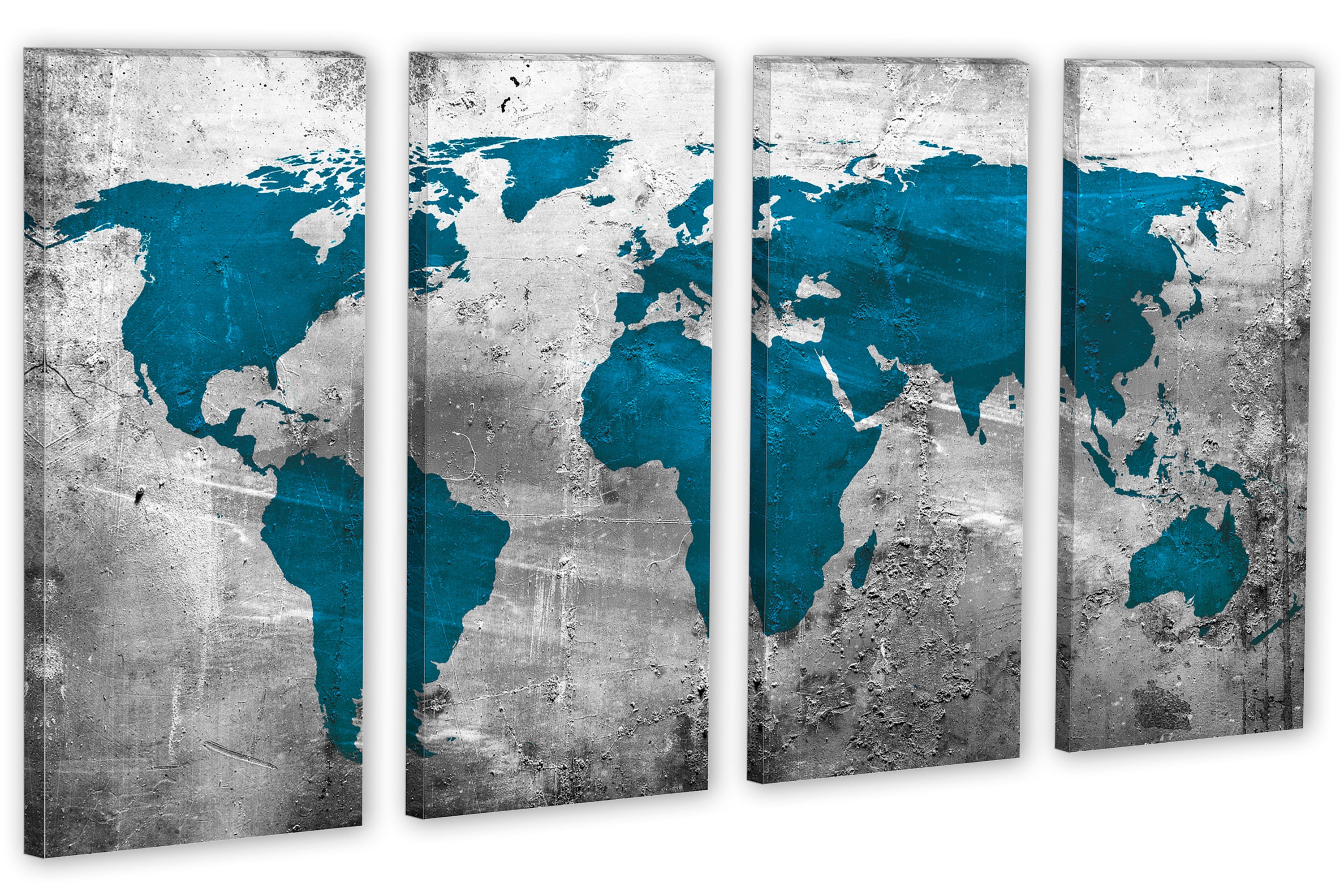Teal Blue World Map Canvas Print Wall Art With Abstract Silver ...
