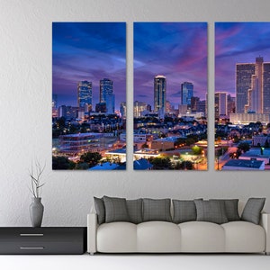 Impression sur toile d&#39;art mural Fort Worth au Texas pendant la soirée. Ligne d&#39;horizon de Fort Worth, impression d&#39;art mural Fort Worth - décoration de bureau à domicile giclée, décoration murale