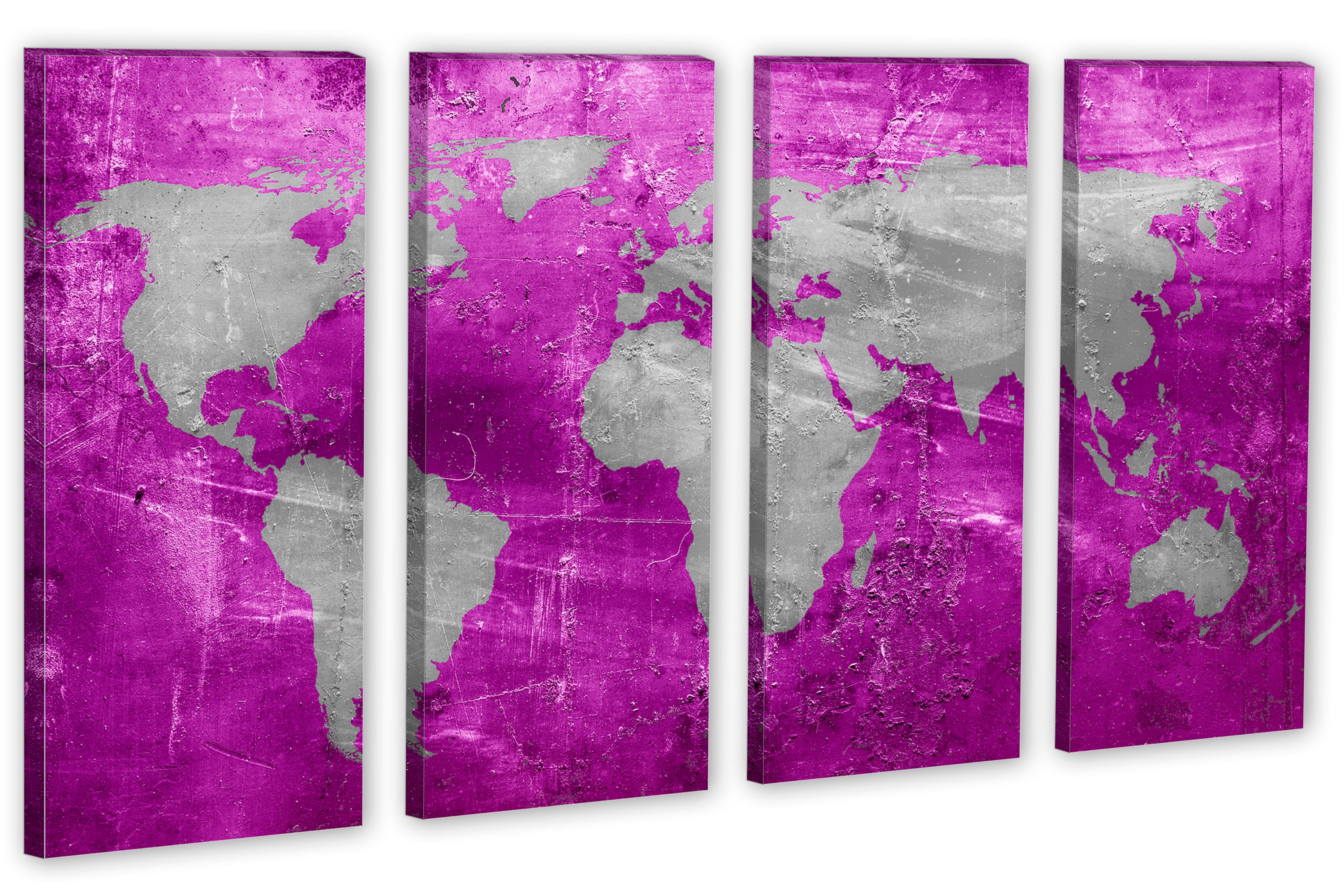 Magenta Pink World Map Wall Art Canvas, Silver Concrete Continents ...