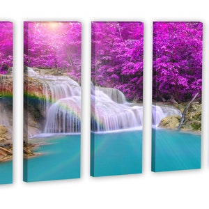 May include: A five-panel canvas print depicting a waterfall cascading through a lush forest. The trees have vibrant purple leaves and the water is a clear turquoise. A rainbow appears over the waterfall.