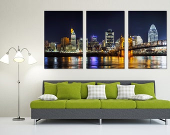 Cincinnati, Ohio Skyline at night - 3 Panel Split, Triptych Canvas Print. Panoramic cityscape photography for wall decor and interior decor