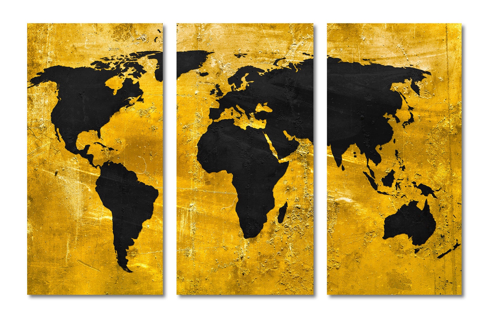 Gold and Black World Map Canvas Print Wall art 3 Panel Split Etsy