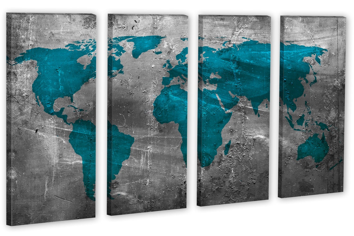 Teal World Map Canvas Wall Art on Gray Abstract Industrial Print for ...