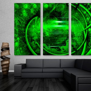 Abstract technology concept Wall Art Canvas Print Green hexagonal techno art digital art -Giclee home art decor, wall decor, interior design