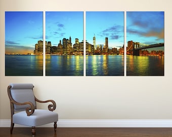 New York City Skyline Panorama - 4 Panel Split Canvas Print. NYC cityscape photography print for living room wall decor, interior design