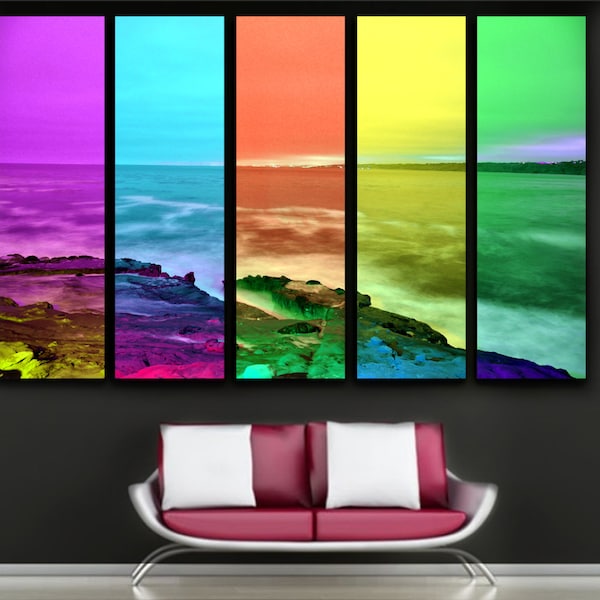 5 Panel pop color Ocean Photography on Canvas Print. Colorful multi panel canvas pop art for home, office decor, interior design.