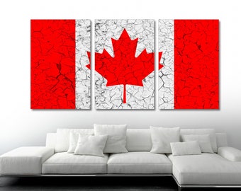 Canada Flag Canvas Print Wall Art cracked Effect - 3 panel split, Triptych - Canada country flag for home decor, interior design