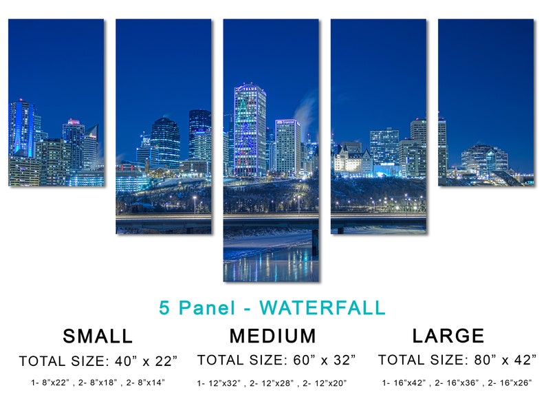May include: A five-panel canvas print of a cityscape at night. The image shows illuminated skyscrapers and buildings against a dark blue sky. The print is labeled "5 Panel - Waterfall" and lists sizes: Small (40" x 22"), Medium (60" x 32"), and Large (80" x 42").