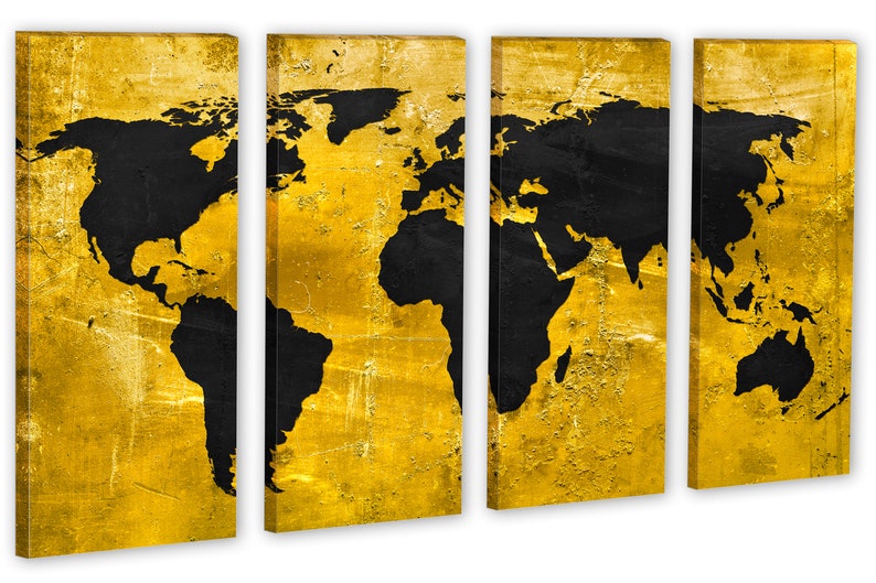 Gold and Black World Map Canvas Wall Art With Distressed Grunge Texture ...