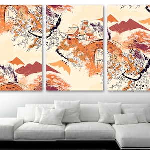 Oriental Illustration Wall Art Canas Print. Japanese art, chinese wall art, oriental decor Orange Beige -Giclee print Home Decor, Wall Decor