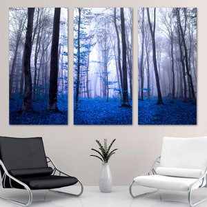 Blue Forest Wall Art Large Trees Canvas Print Misty Nature Forest, Scenic Landscape Art - Giclee Print Home, Office Wall Decor