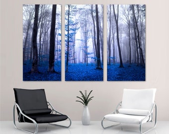 Blue Forest Wall Art Large Trees Canvas Print Misty Nature Forest, Scenic Landscape Art - Giclee Print Home, Office Wall Decor