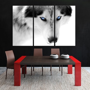 Blue Eyes Wolf 3 Panel Split, Triptych Canvas Print. Multi panel Black and White wild animal / husky giclee for living room wall decoration.