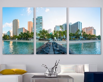 Waikiki, Hawaii Skyline Wall Art Canvas Print. Waikiki cityscape, Hawaii city art - Giclee print for Home Decor, Wall Decor, Interior Design