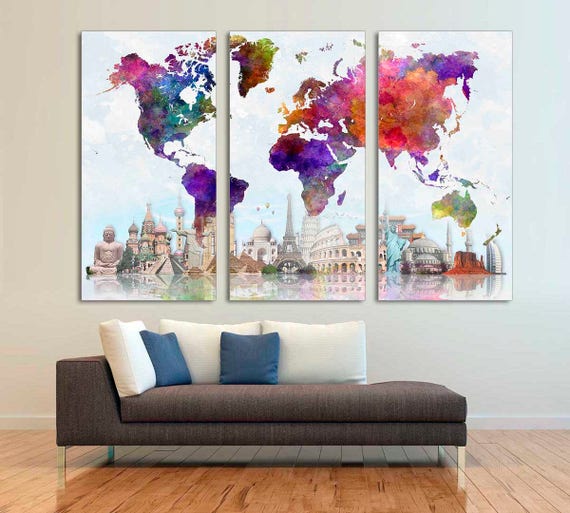 Colorful Travel World Map Canvas Print World Landmarks Wall Art. Abstract art Giclee Print for home, office wall decor, interior design