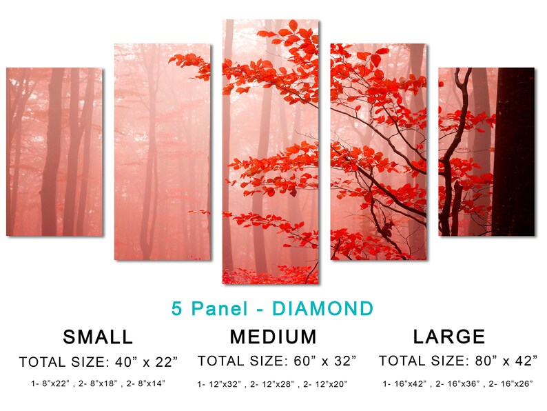 Op de afbeelding: Een vijfdelige diamantvormige canvasprint met een mistige bos sc&egrave;ne met rode bladeren. De print is verkrijgbaar in drie maten: klein (40 inch bij 22 inch), medium (60 inch bij 32 inch) en groot (80 inch bij 42 inch).