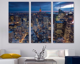 New York Skyline Canvas Print Wall Art with Evening City Lights & Empire State View