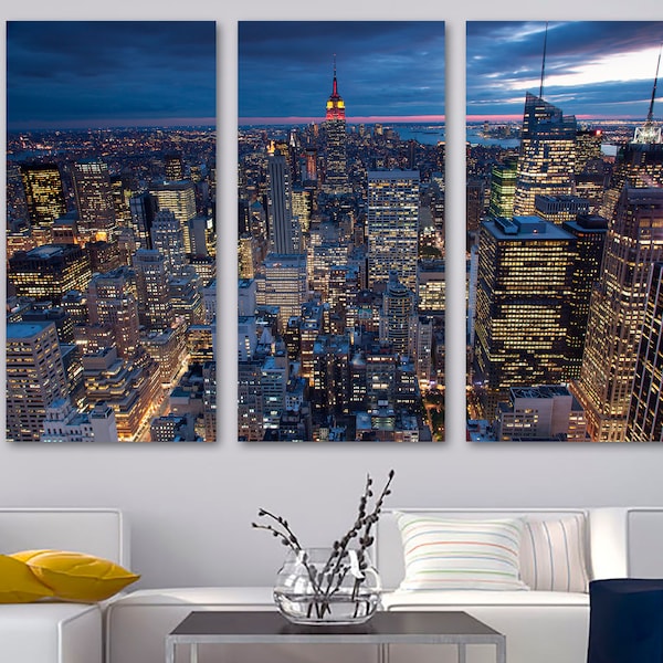 New York City evening skyline Canvas Print. NYC Wall Art. 3 Panel Split, Triptych. NY at dusk for living room wall decor, interior design