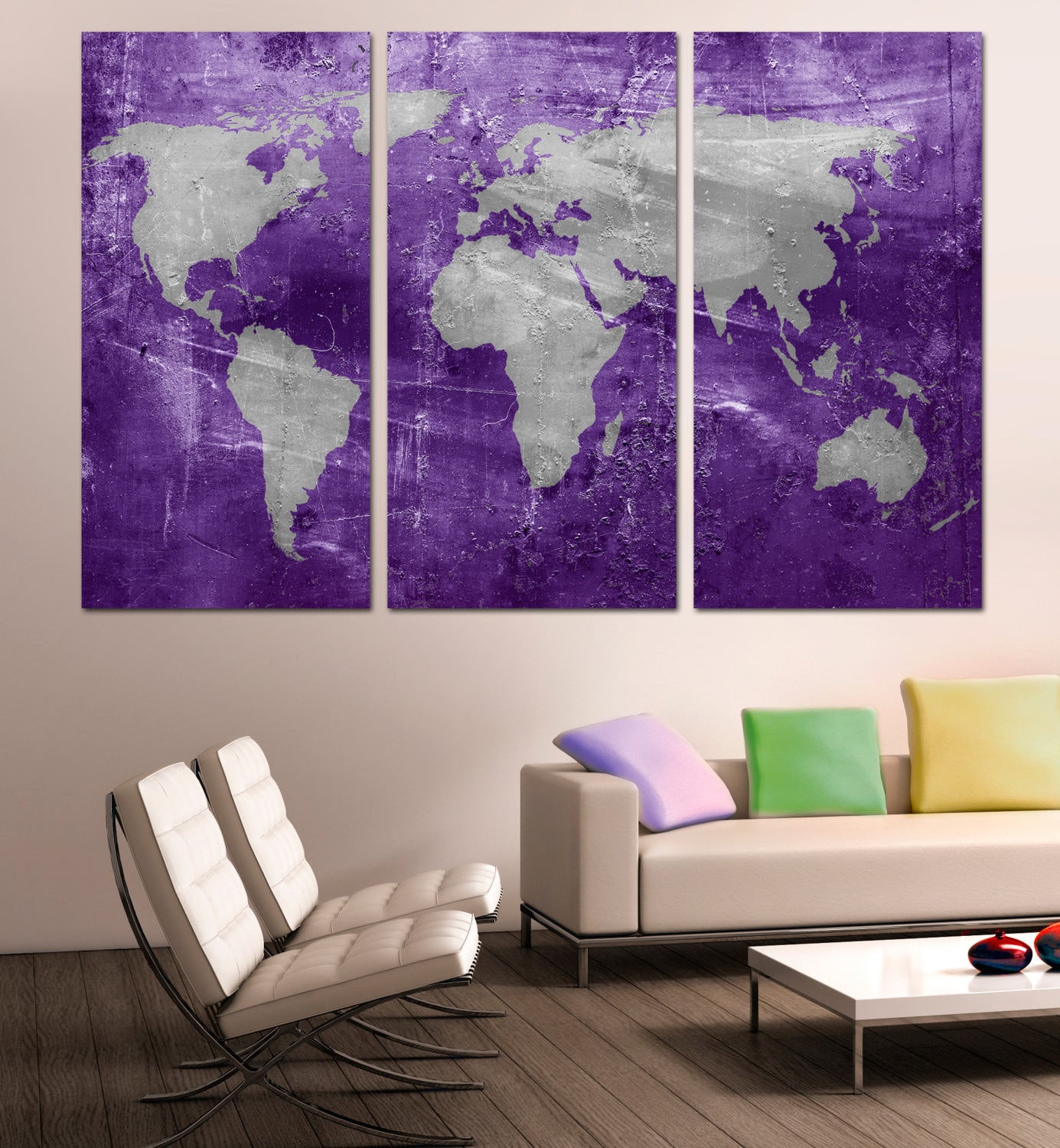 Purple and Silver World Map Canvas Print Wall Art Giclee Print for ...