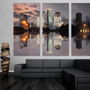 Houston TX Canvas Print Wall Art, Houston Texas Skyline evening, Downtown Houston City - Giclee print Home decor, Wall decor, Office decor