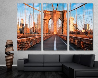 Brooklyn Bridge Canvas Art with Manhattan Skyline and One World Trade Center at Sunset